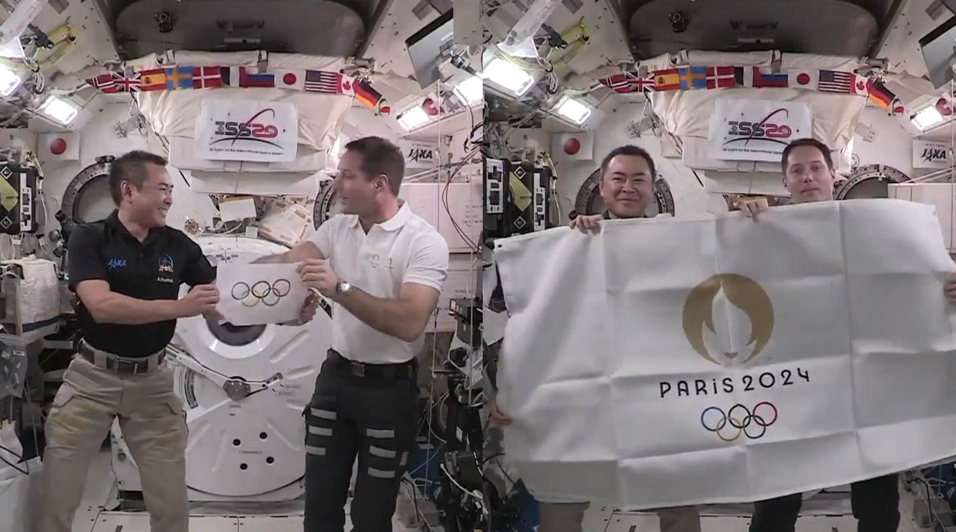 日法宇航员交换会旗，日本法国宇航员空间站交换会旗！
